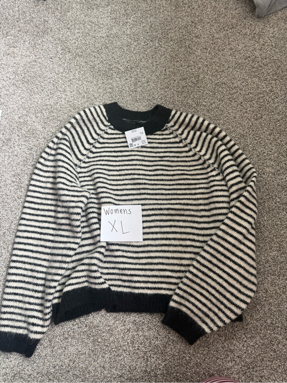 American Eagle Outfitters Black and Cream Striped Crewneck Sweater